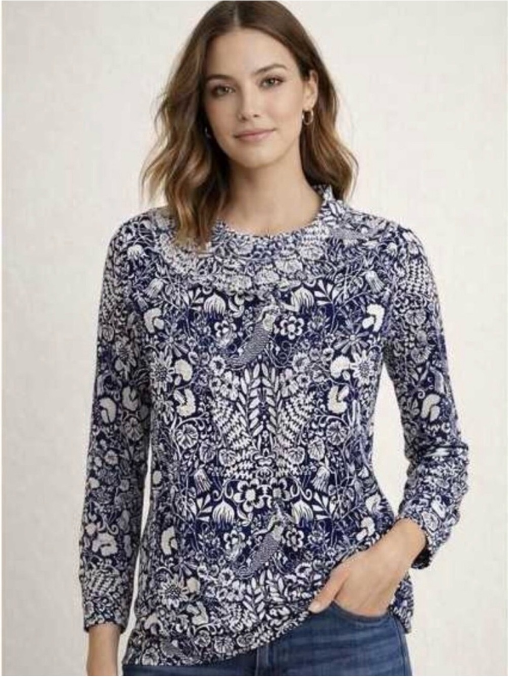J. Crew Ruffle Tippi Sweater Women’s XS Merino Wool Mermaid Floral Print Sweater